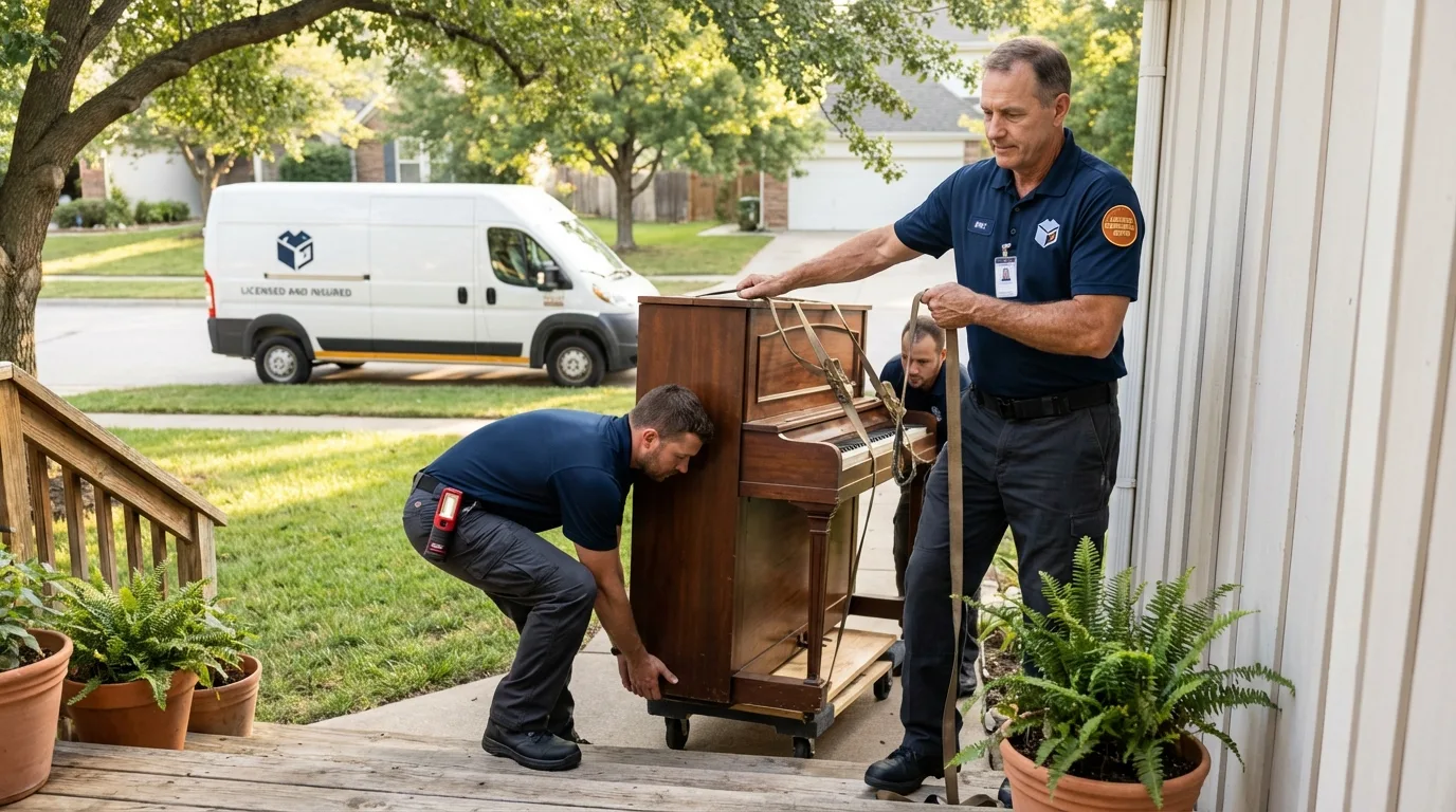Licensed piano movers securing grand piano in Wellsville, NY