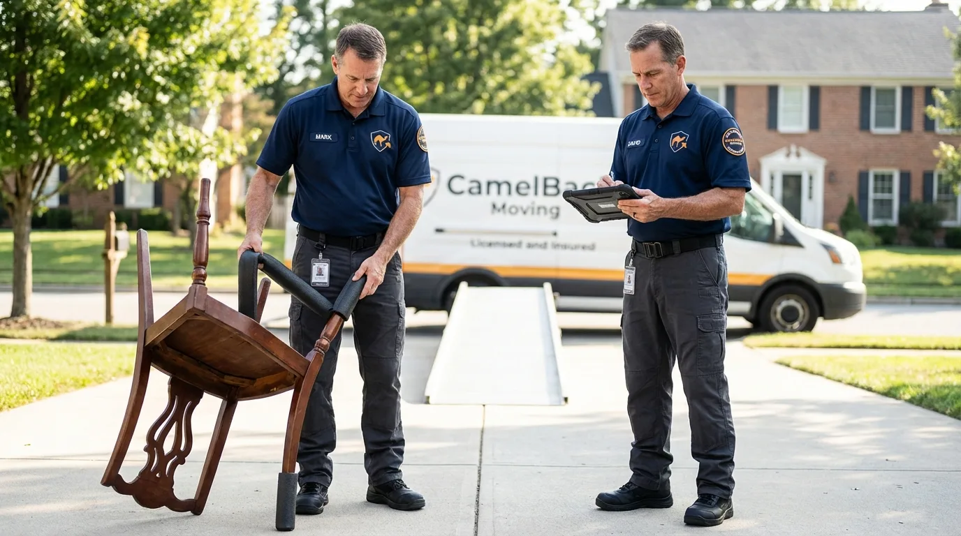 Movers inspecting furniture for damage prevention before loading in Wellsville, NY