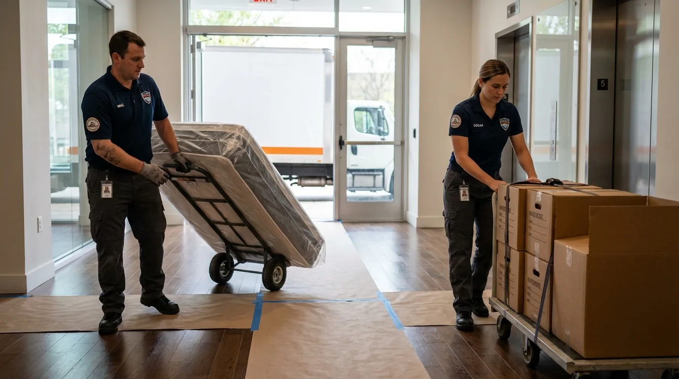 Professional apartment movers loading elevator in Wellsville, NY