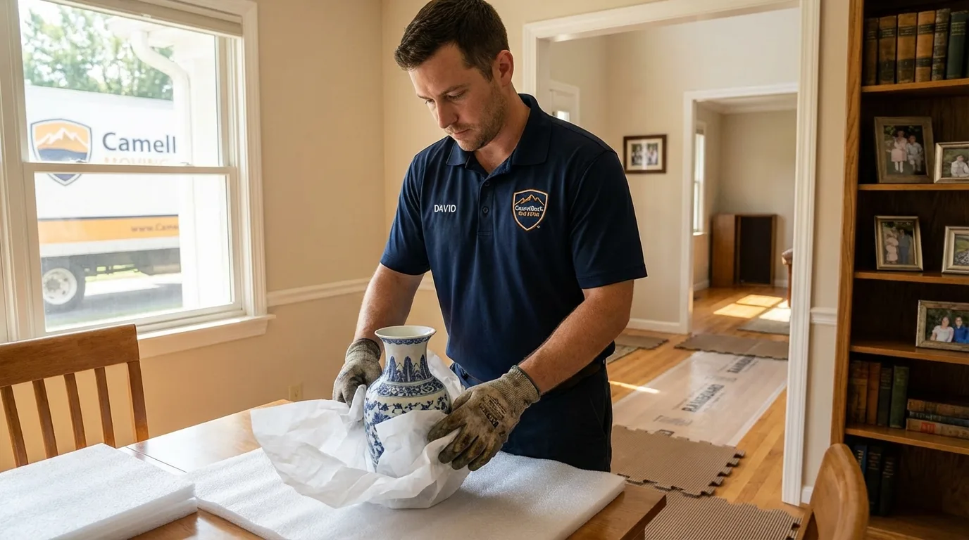 Professional crew carefully wrapping antique vase for senior downsizing move in Wellsville, NY