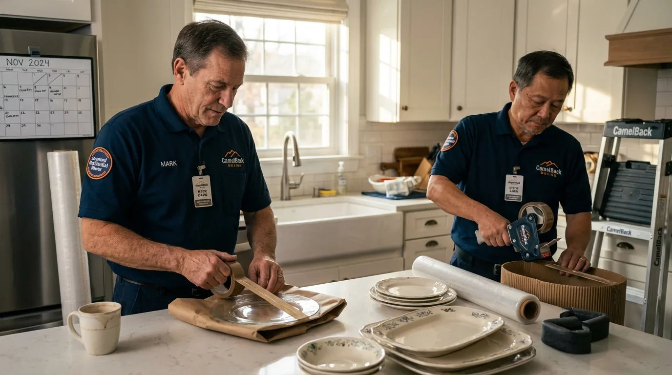 Professional crew packing kitchen dishware in Wellsville, NY